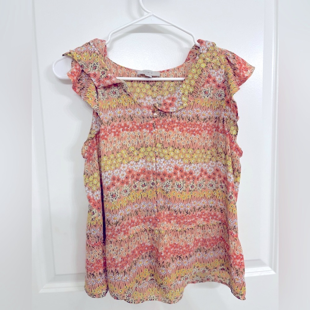 LOFT Coral  and Yellow Flutter Sleeve Blouse with Peter Pan Collar
